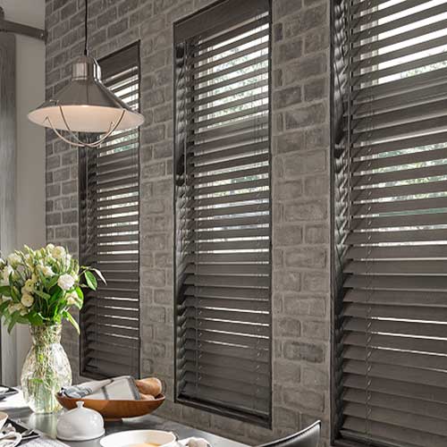 Cordless wood blinds in Harbor Grey