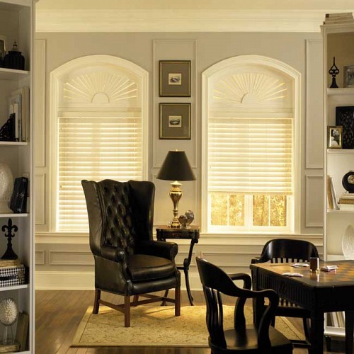 Faux-wood blinds with matching arched transom